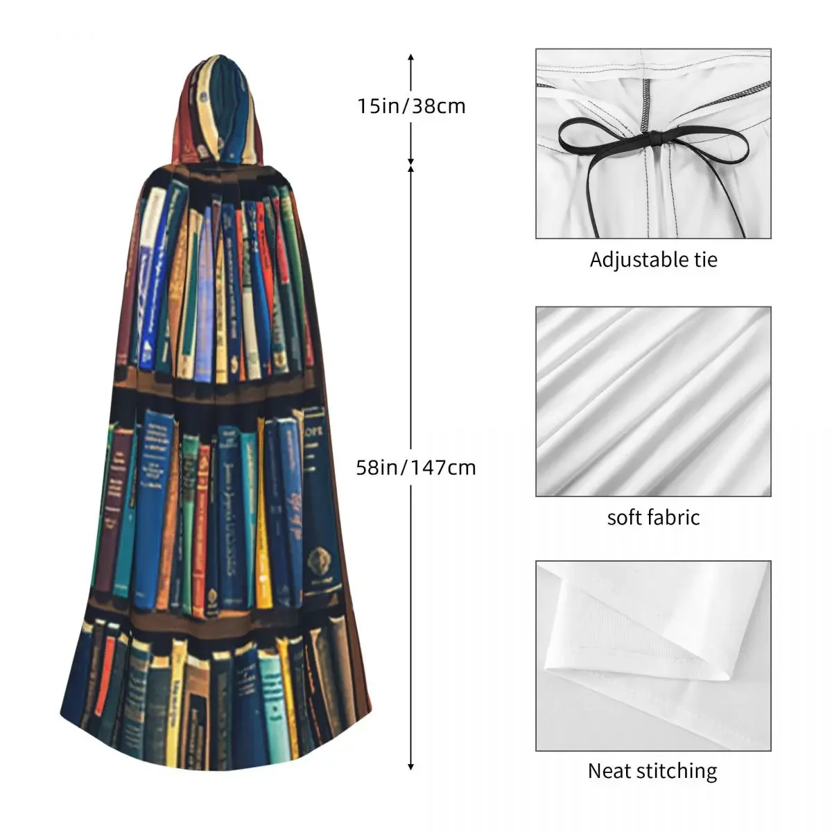 Education Library Book Long Hooded Cloak Witch Medieval Costume Cosplay Cape HalloweenCoat Adult Unisex