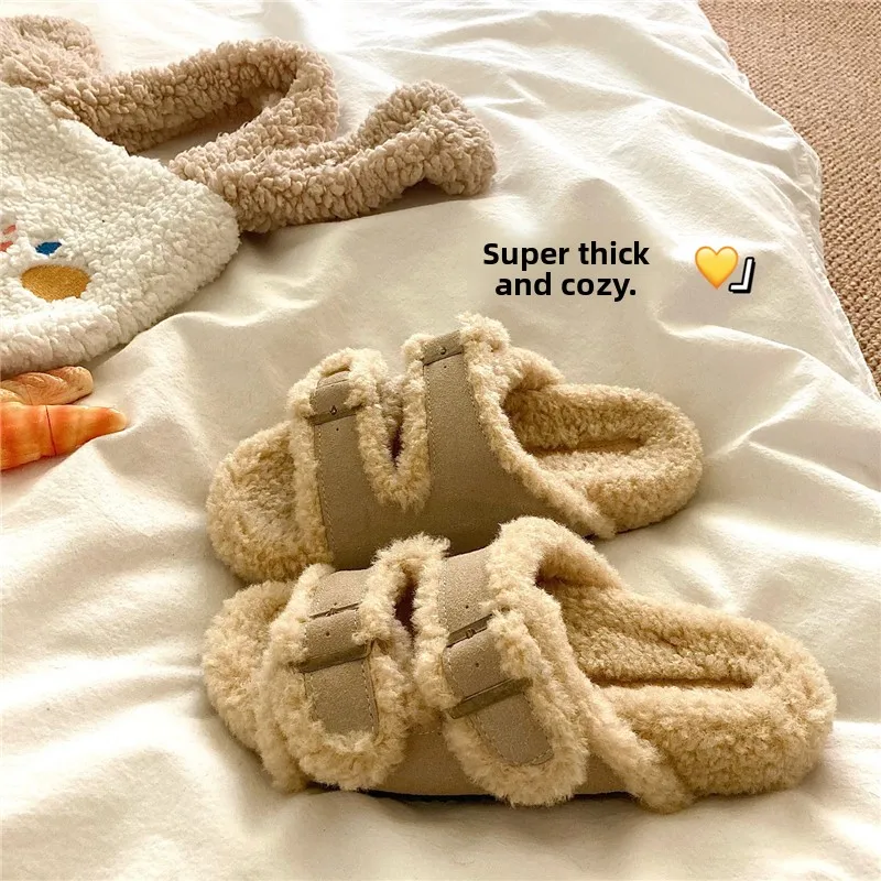

Winter Warm Thick Lamb Fur Women's Slippers Birkens Style Cotton Slippers Outdoor Wearable Fluffy Slippers Comfortable Slip-On