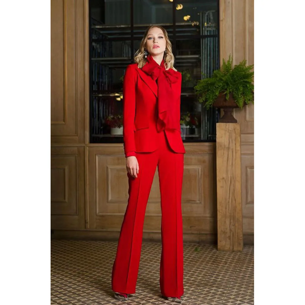 

2024 Elegant Red Suits for Women Notch Lapel 2 Pieces Jacket Pants Female Christmas Clothing Banquet Office Lady Blazers Sets