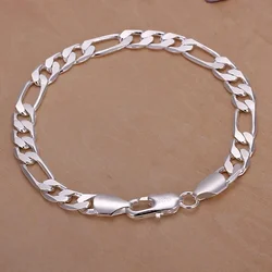 Fine 925 Sterling silver bracelets 6-8mm Women Men chain wedding fashion top quality Silver Jewelry Figaro  20cm