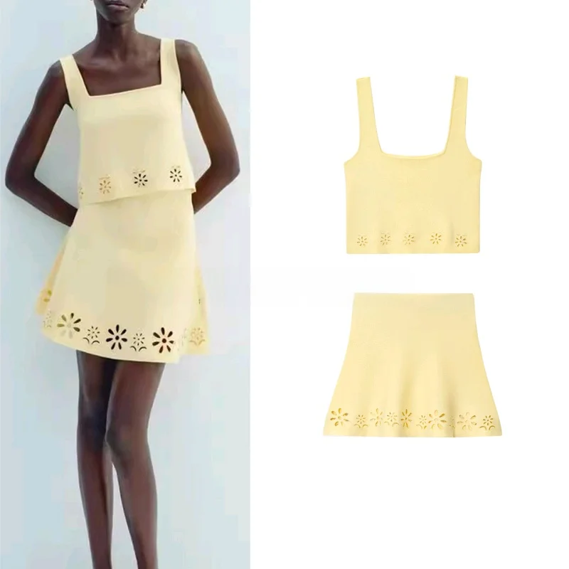 

Summer Women's Square Collar Wide oulder Strap Knitted ort Skirt Hollow out Embroidery Faion Set round Ne Sve
