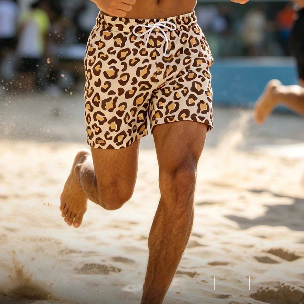 Mens Leopard Print Swim Trunks Built In Brief Lining Summer Streetwear Fashion Quick Dry Breath Surfing Shorts Men'S Clothing