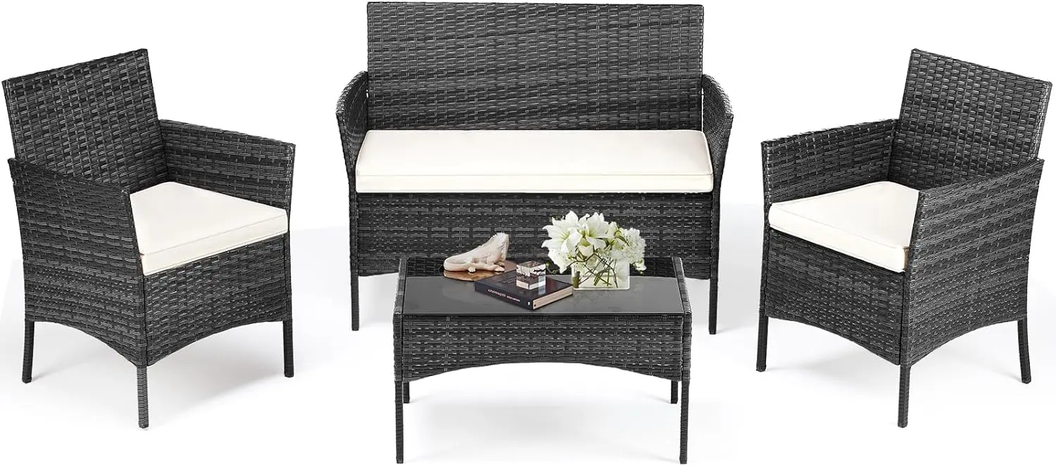 

Patio Furniture Set 4 Pieces, Outdoor Wicker Furniture with Coffee Table, Modern Rattan Patio Chairs Conversation