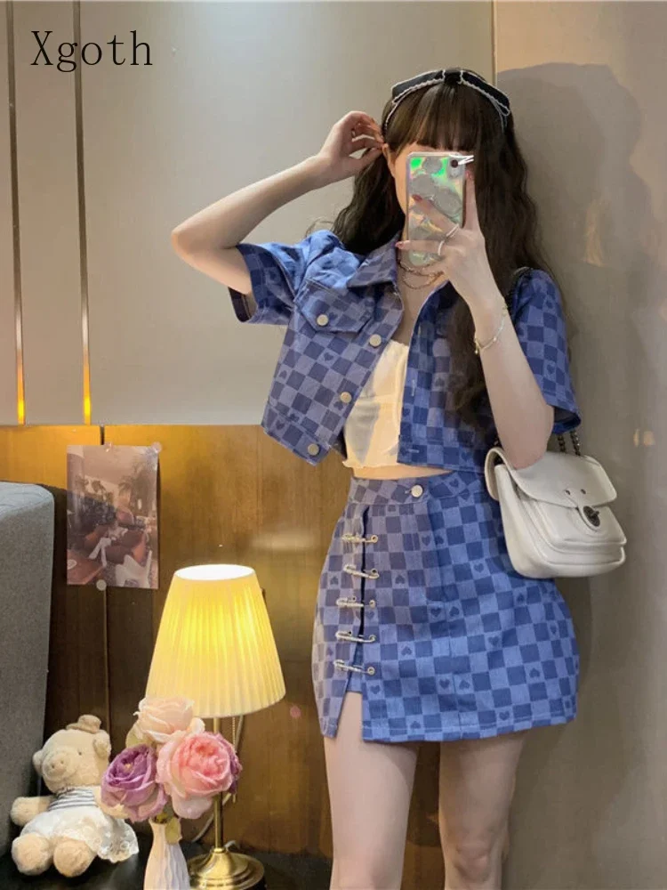 Elegant Women Summer Suit 2024 Sweet Cool Design Heart Plaid Crop Short-sleeved Jacket + Mini Hip Skirt Two-piece Sets