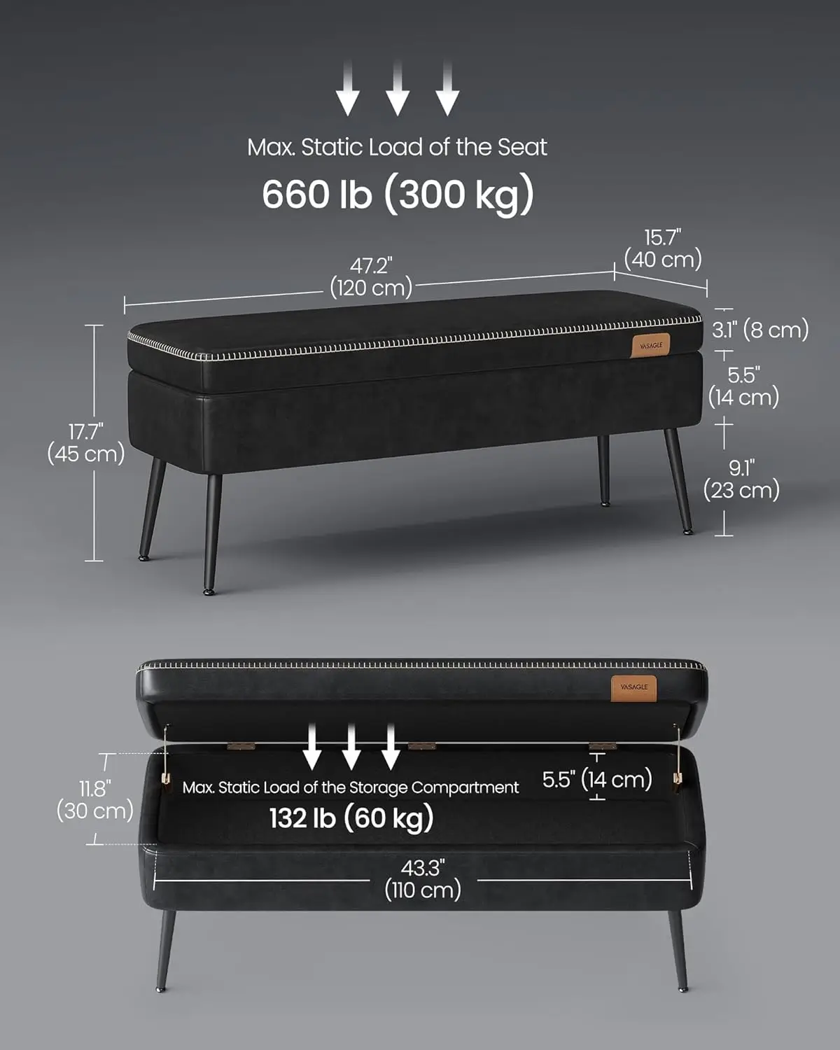 

Vasagle Ekho Collection - Storage Ottoman Bench, Entryway Bedroom Bench, 15 Gallons, Synthetic Leather With Stitching,