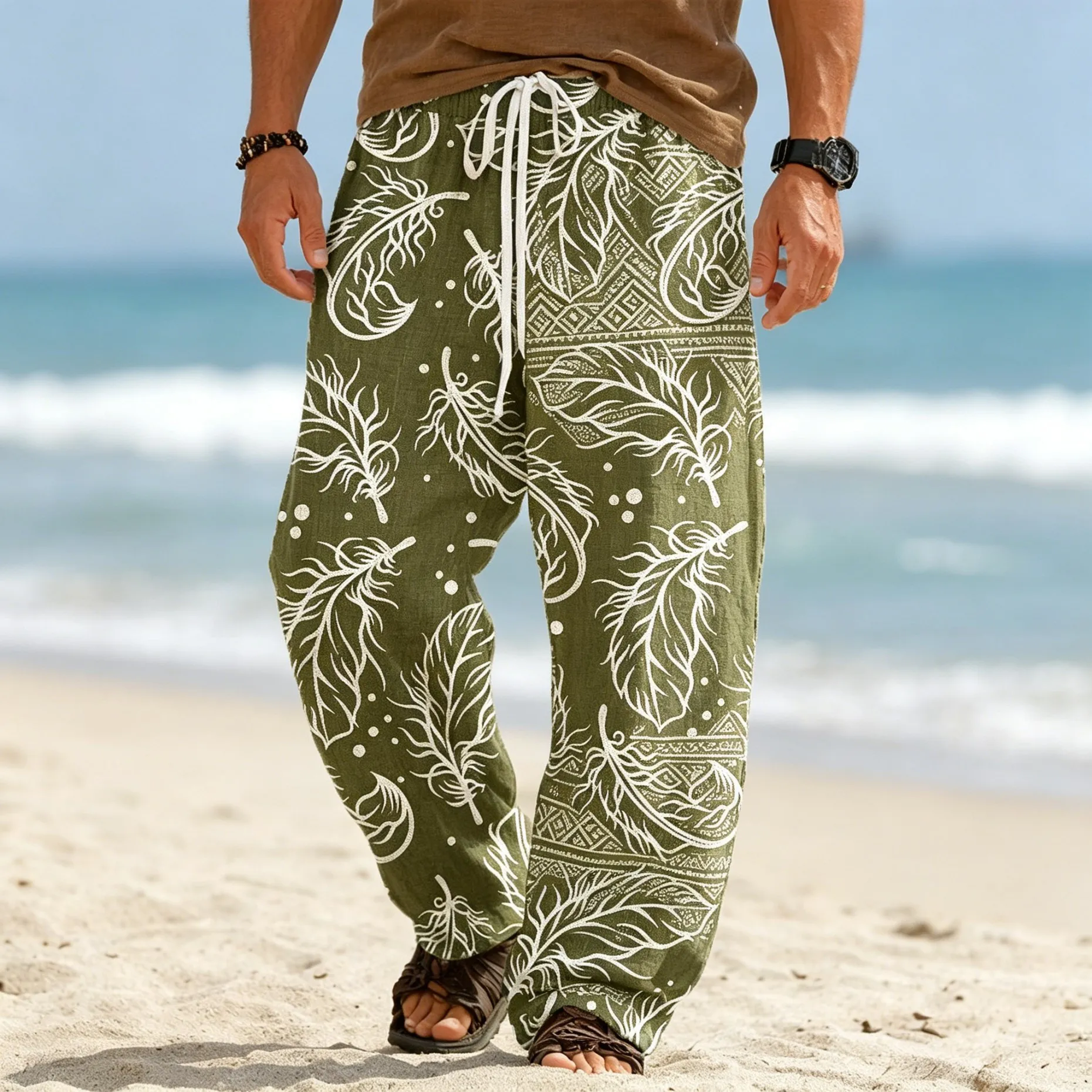 

Men's Boho Feather Print Drawstring Wide Leg Pants, Casual Loose Trousers for Spring Summer Beach Daily Wear