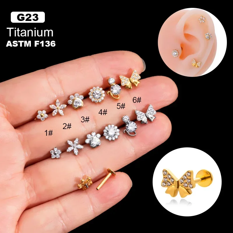 

1pc 1.2*8mm Piercing G23 Titanium Steel Flat Lip Stud Zircon Earring for Women Flower Stud Earrings for Teens Christmas Gift