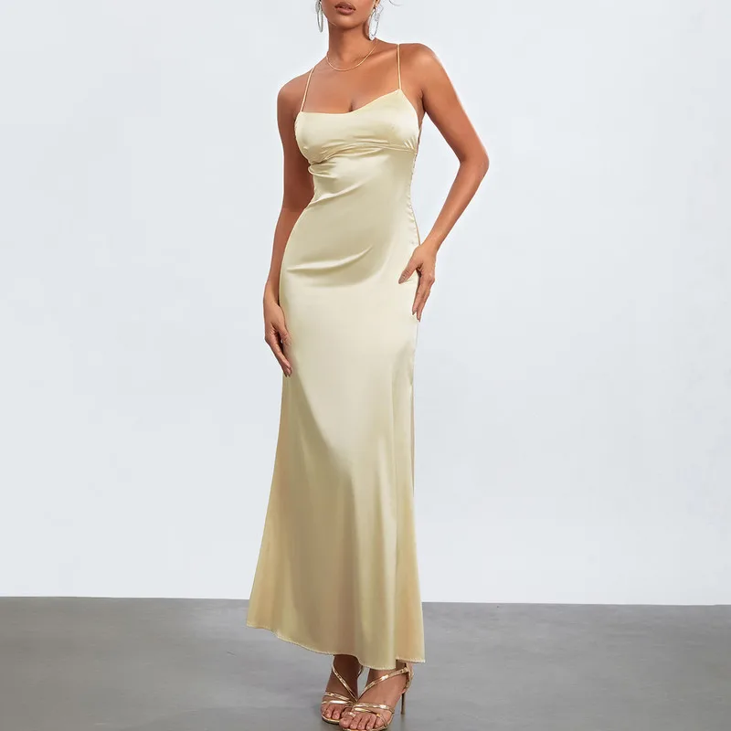 Wpnaks Frauen Long Slip Kleid Abend party Sommerkleid ung schick und elegant einfarbig ärmelloses, rücken freies, schlankes Kleid