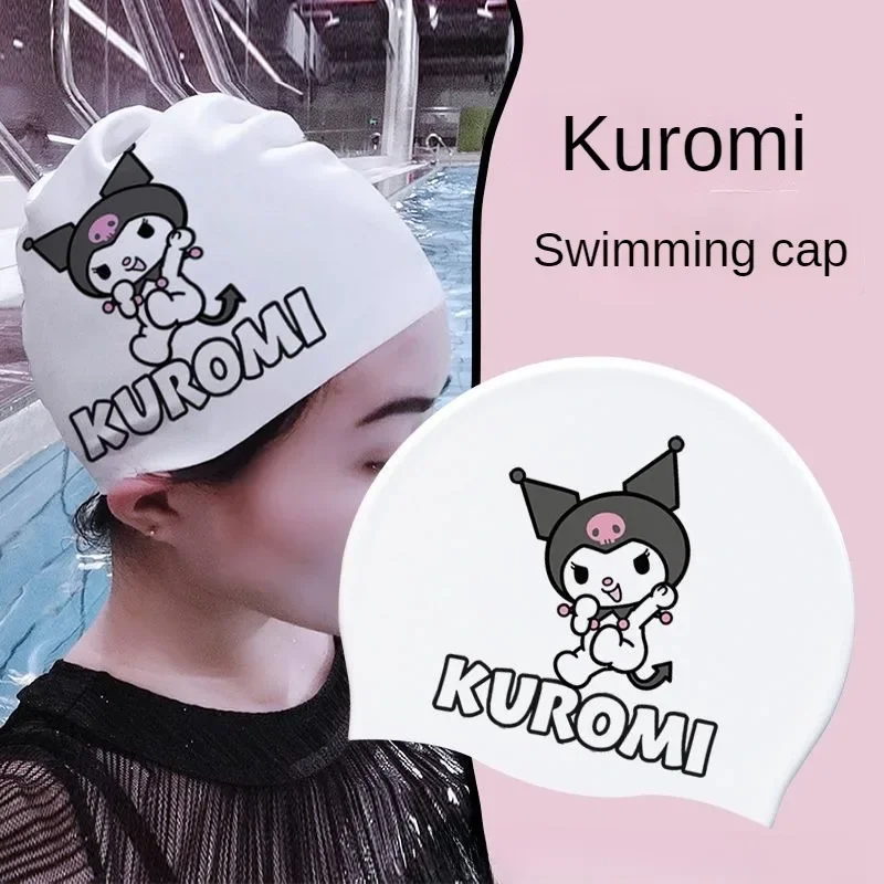 

Милые детские шапочки для плавания Kuromi, милые женские утепленные силиконовые шапочки с принтом в стиле аниме, удобные летние шапочки для бассейна для девочек