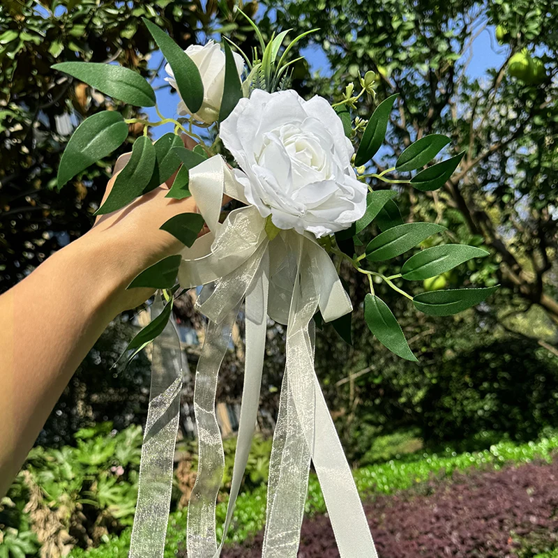 1PC Wedding Car Rearview Mirror Flower Artificial Rose Ribbon Wedding Aisle Backrest Flower Decoration Simulation Flower