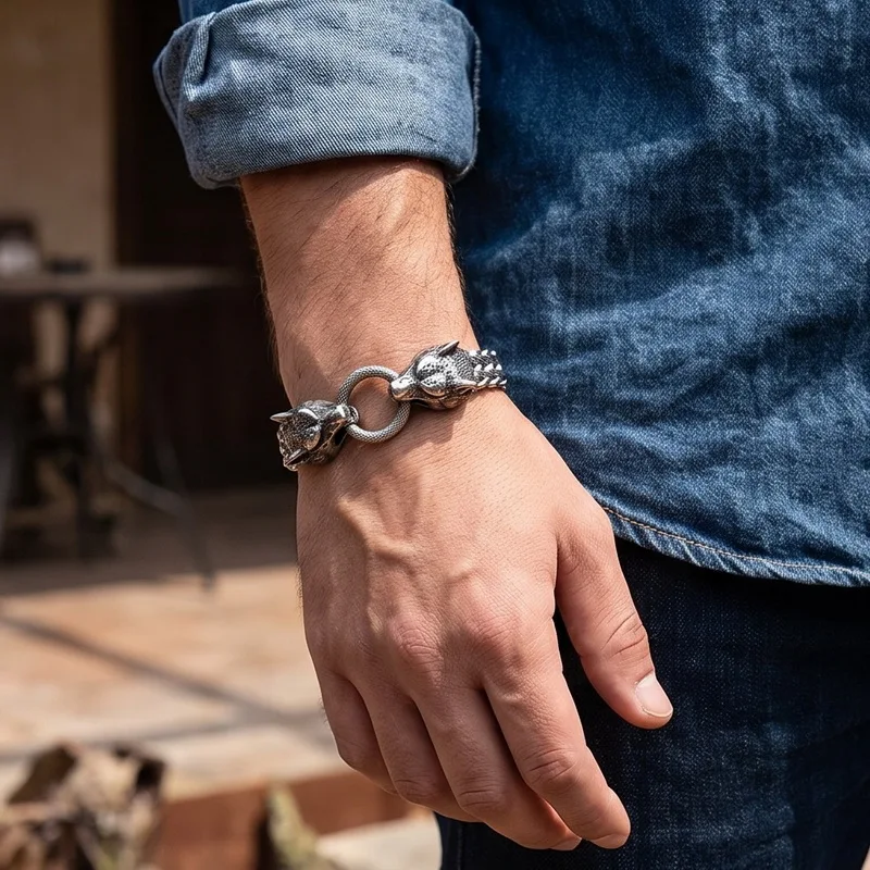Kalen Gothic Stainless Steel Double Wolf Head Bracelet for Men Punk Animal Charm Biker Party Jewelry Heavy Accessory Gift