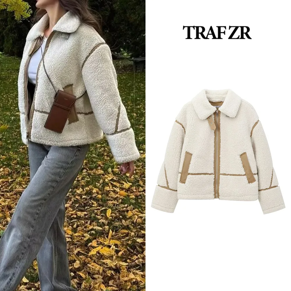 TRAF ZR Faux Shearling Jacket for women 2024 with Featuring trims Collared jacket with zipper and long sleeves Women\'s Cozy Coat