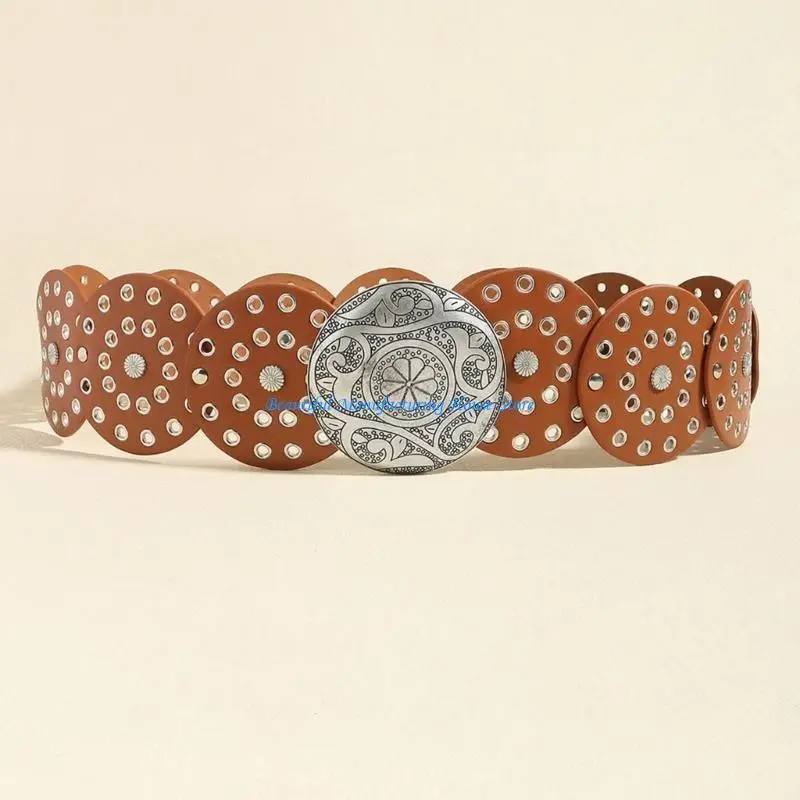 

E56A Cowboy Belt for Women Fashion Hollowout Wide Belt Gothic-Style Round Buckle Waistband for Jeans Pants Female Accessories