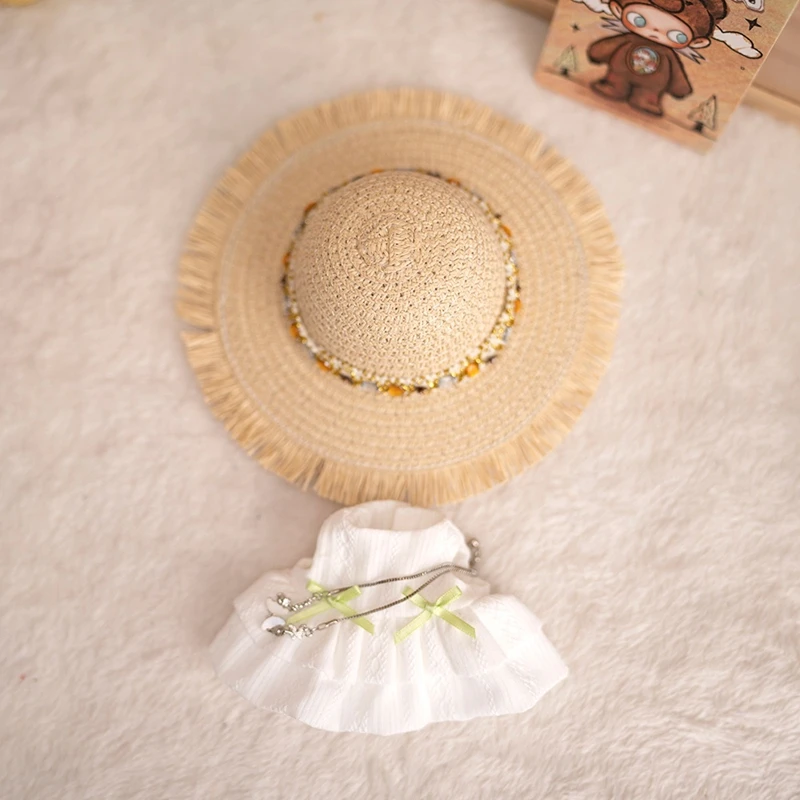 Ubranka dla lalek Zsiga 1/8 BJD, letni słomkowy kapelusz, srebrny naszyjnik z motylem, biała sukienka, akcesoria dla lalek, prezent dla dziewczynek.