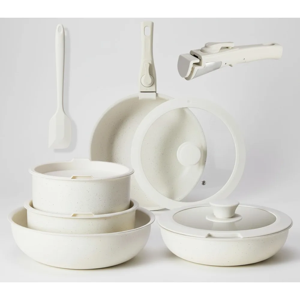 

Набор посуды с антипригарным покрытием, 12 шт., индукционная безопасная посудомоечная машина со съемной ручкой, бежевая кухонная кастрюля, сковороды