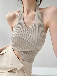 2024 Summer New Spicy Girl Backless Sexy Hanging Neck Knit Sling Vest Women Thin External Wearing Solid Slim Short Top 0ZHT