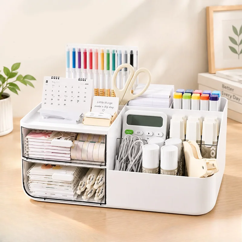 Desk Organizer Drawer Type Desktop Storage Box Multi-grid Cosmetic Stationery Pen Holder for Office Study Bedroom Makeup White