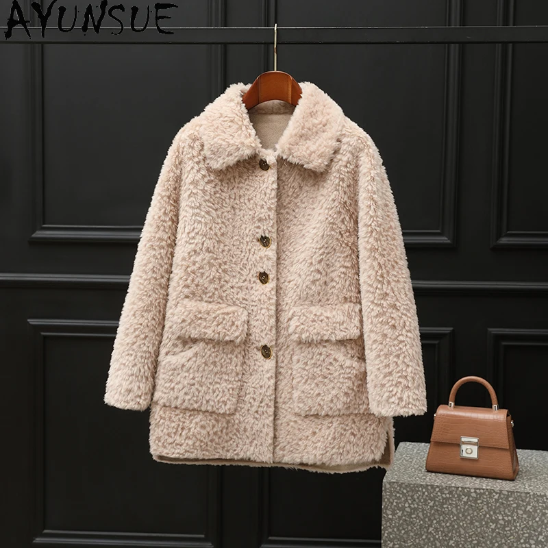 เสื้อโค้ทขนสัตว์แท้ 100% ยี่ห้อ AYUNSUE สำหรับผู้หญิง แจ็คเก็ตขนแกะแท้ เสื้อผ้าฤดูหนาวสำหรับผู้หญิง ขนสัตว์ผสม เสื้อคลุมผู้หญิงแบบใหม่ในหมวดเสื้อผ้าสำหรับสวมทับ