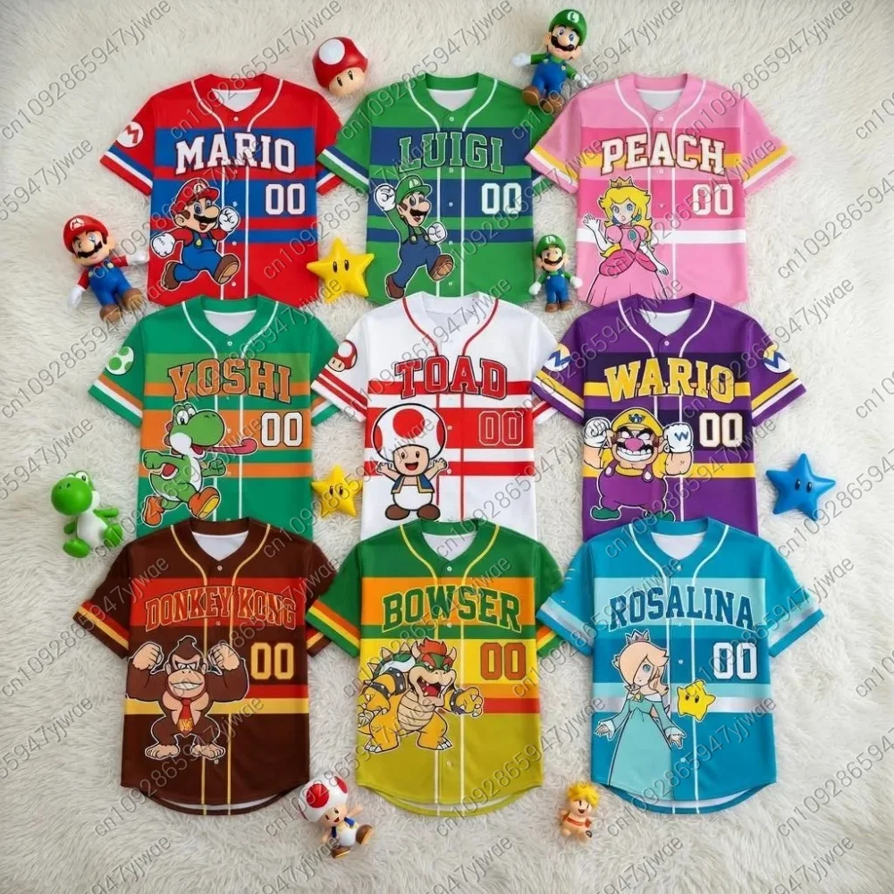 New Super Mario Unisex Baseball Shirt with Character Pattern Button Summer Top High Quality Baseball Shirt Role Playing T-shirt