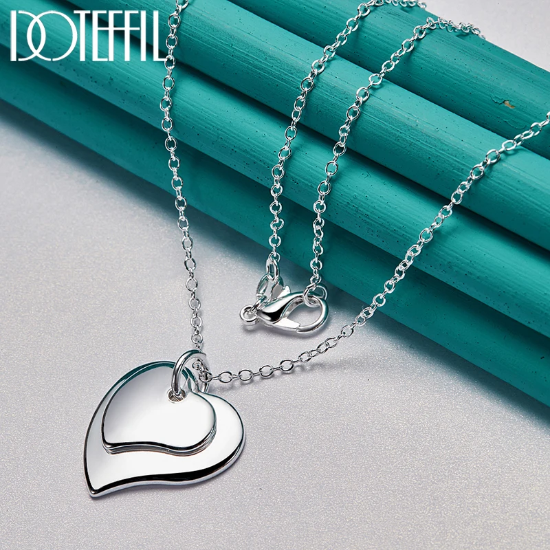 DOTEFFIL 925 Sterling Silver 18-30 Inch Chain Double Heart Pendant Necklace For Women Wedding Fashion Charm Jewelry