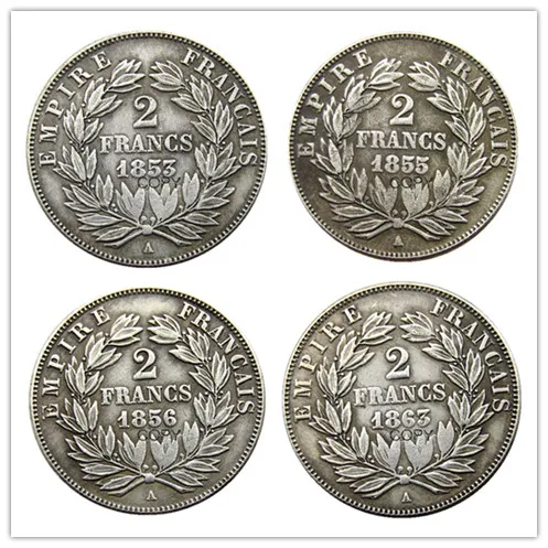 

France A set of (1853-1863A) 4pcs 2 Francs Napoleon III Silver Plated Copy Coins