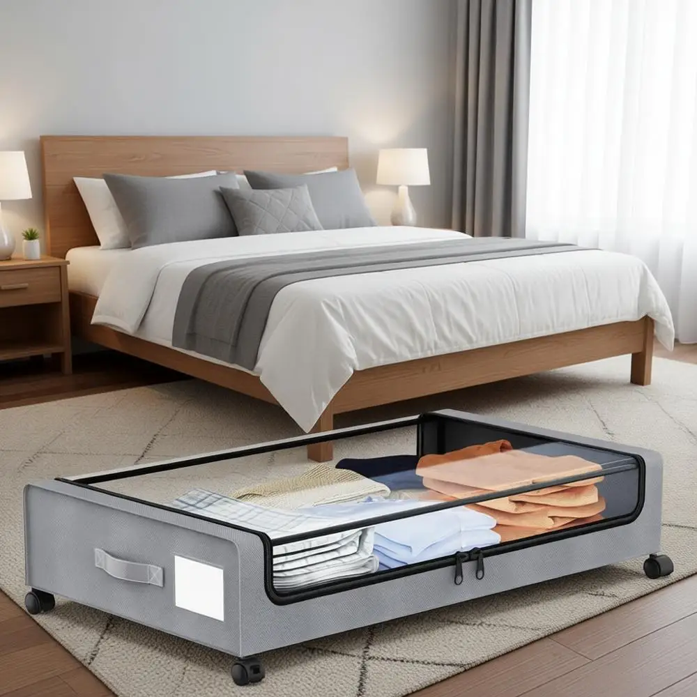 

Набор из 2-х выдвижных ящиков для хранения под кроватью с прозрачными крышками, серый — идеально подходит для обуви, одежды и одеял