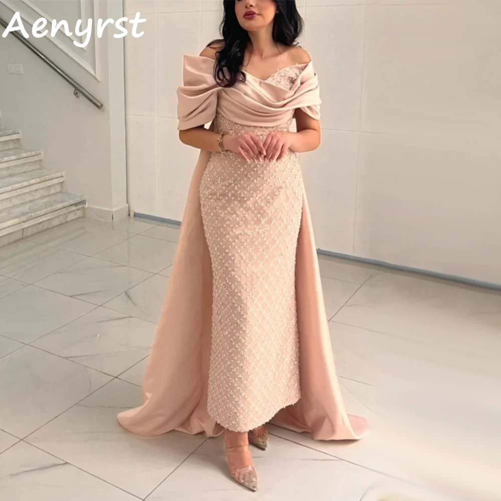 Aenyrst Off The Shoulder Saudi Arabia Prom Dresses Mermaid Satin Crystal Evening Gowns For Women Ankle Length Formal Party Dress