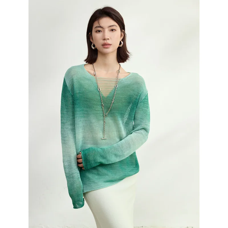 

Women Gradient Hollow Out Knit Sweater Spring V-neck Loose Long Sleeve Knitwear Pullover