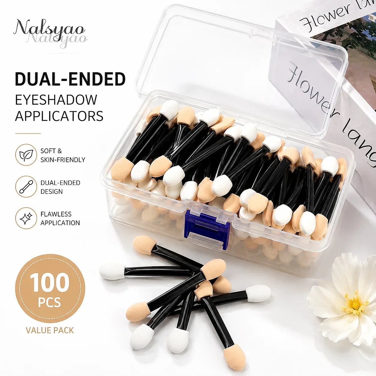 50/100/200PCS Dual-Sided Sponge Eyeshadow Applicators with Container – Long Handle Disposable Makeup Brushes Tool