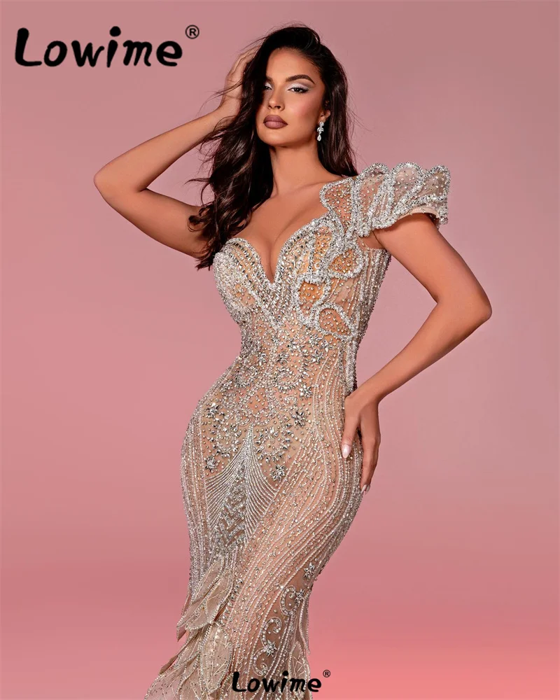 Elegant Arabic Evening Dresses Champagne One Shoulder Mermaid Long Wedding Party Dress Tiered Crystals Celebrity Prom Dress 2024