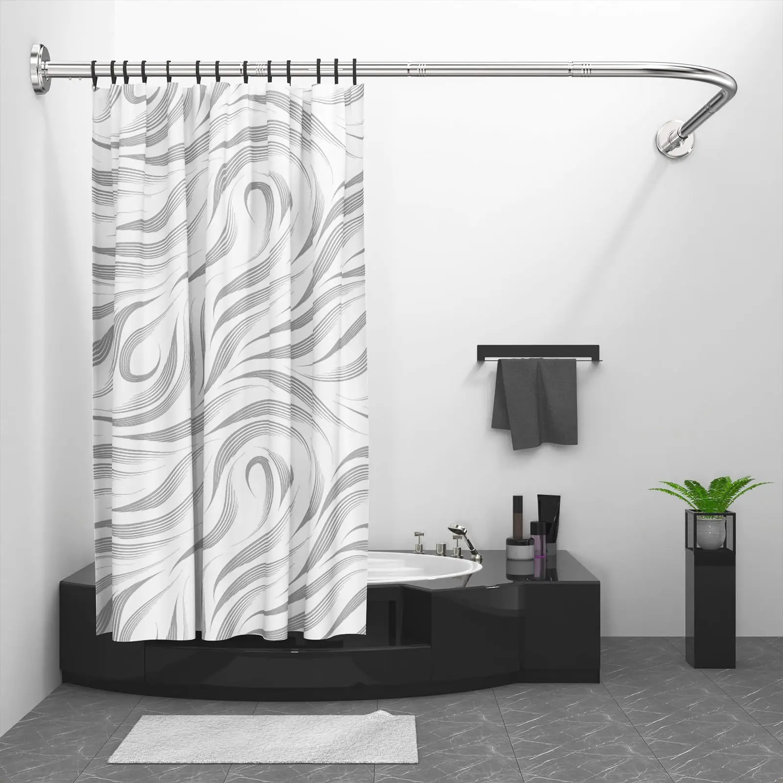 

L-Shaped Shower Curtain Rod 304 Stainless Steel 25mm Diameter Corner Bathtub Rod With 12 Rings