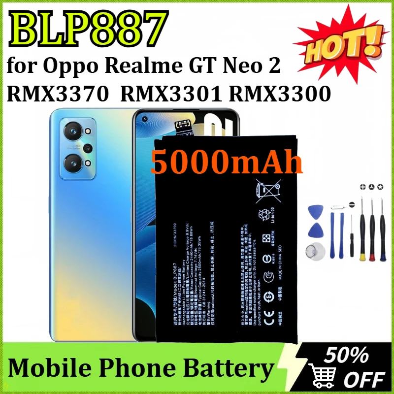 New BLP887 5000mAh Mobile Phone Battery for Oppo Realme GT Neo 2 Neo2 RMX3370/ GT2 Pro RMX3301 RMX3300 High Capacity + Tools