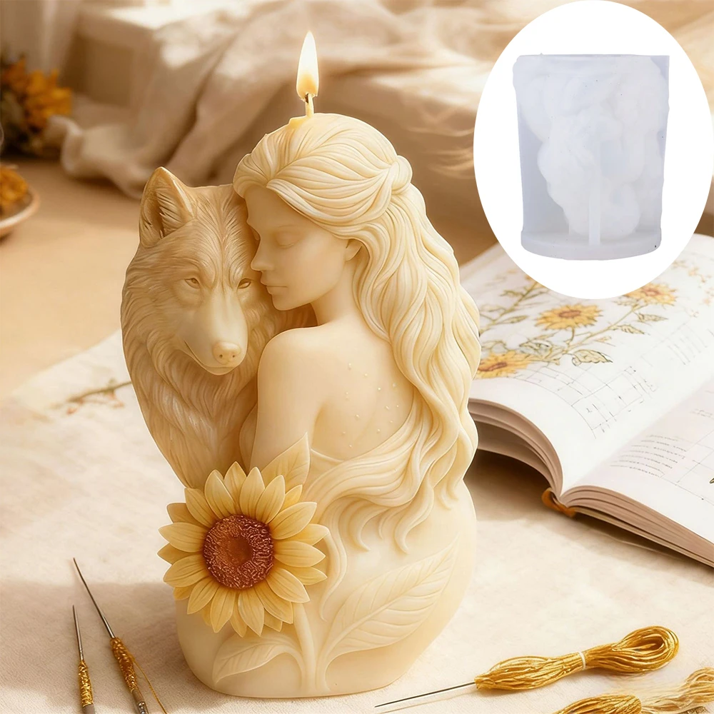 Wolfsmädchen Silikon-Kerzenformen Heimdekoration 3D Wolfsmädchen-Statue Harz Gips Zement Gießform DIY Handgemachte Seifen-Handwerksform
