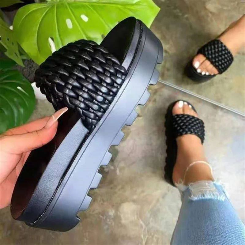 2023  Spring/summer New Women\'s High-heeled PU Sponge Cake Sole Rubber Super Thick-soled Slippers Woven Pattern Female Sandals