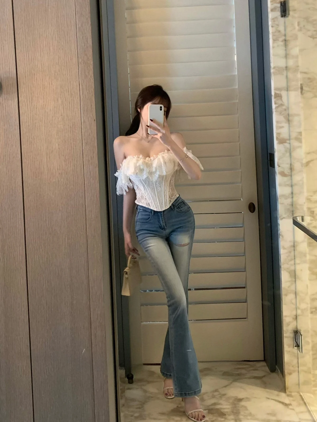 

Spring High Waist Slimming Bell Bot Jeans Women's Full Hip Blue Long Pants High Elastici Faionable Ladies Denim