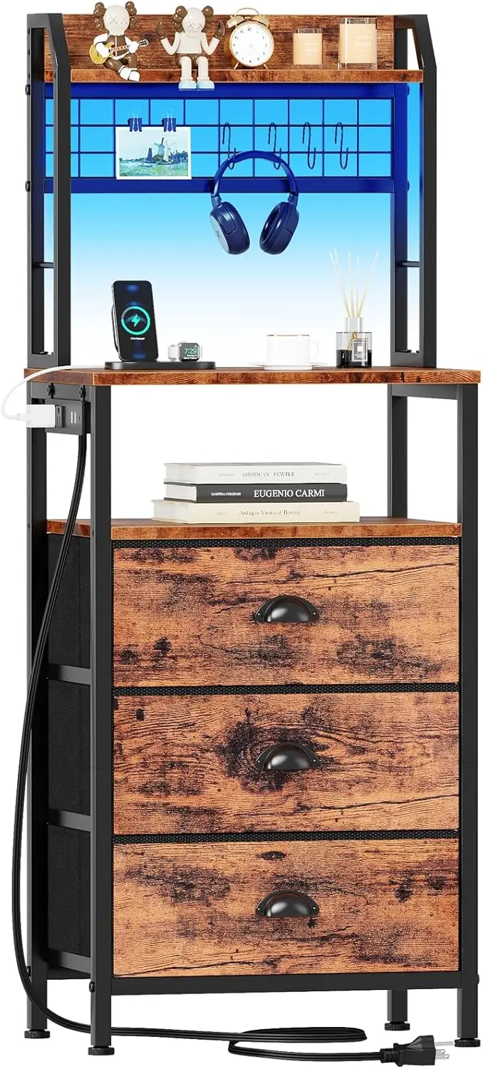

44'' Tall Nightstand with Charging Station, Bedside Table with LED Lights, End Table with 3 Drawers and Storage Shelves, Night S