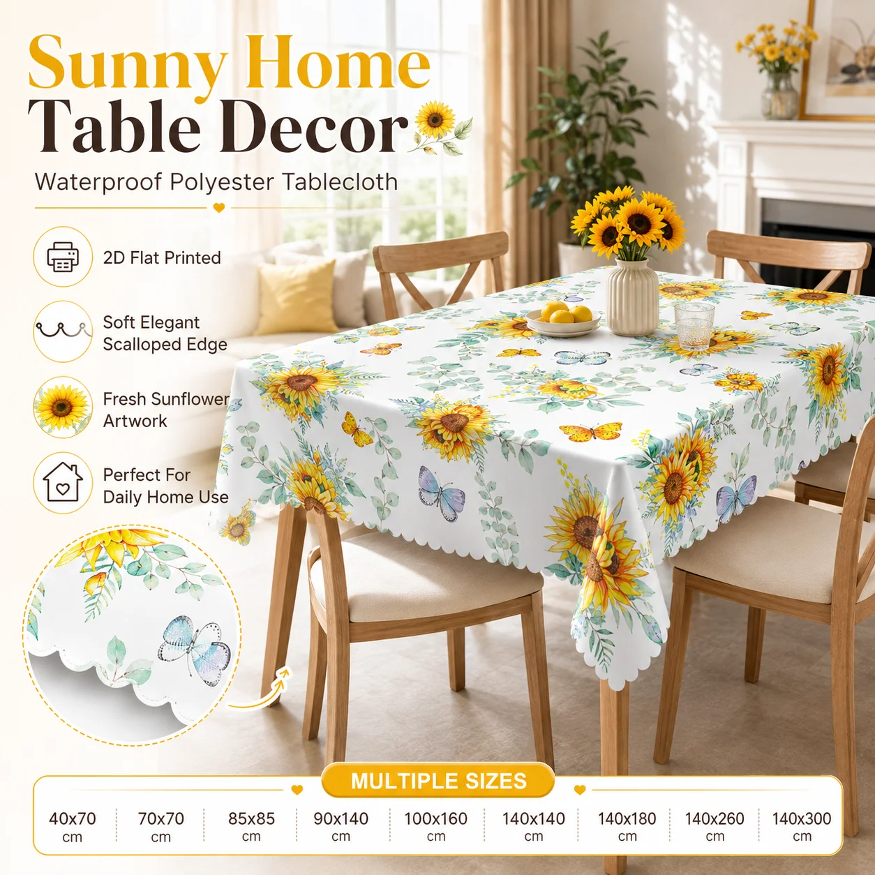 

Fresh Sunflower Butterfly Waterproof Polyester Tablecloth 2D Flat Printed Scalloped Edge Table Cover For Spring Home Decor