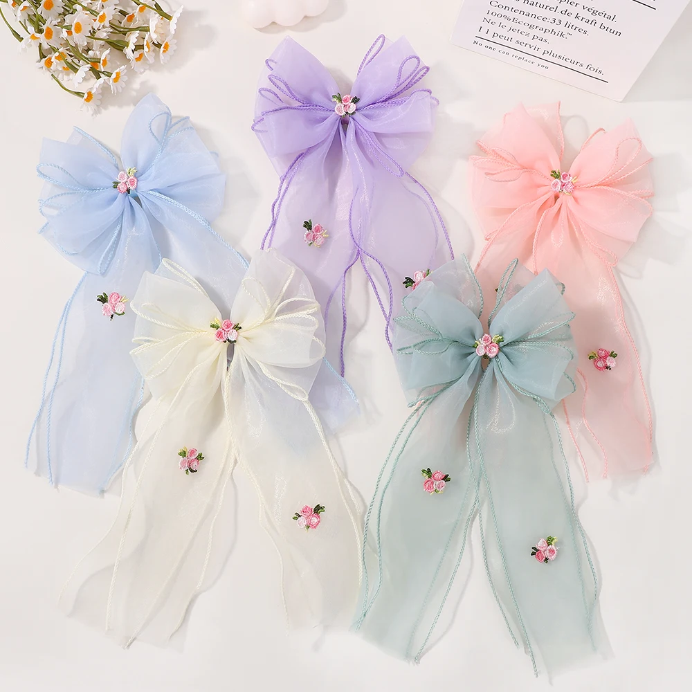 

RIBBON BOWS 1Pcs Sweet Yarns Embroidered Ponytail Hair Clip Womens Elegant Bowknot Hair Ribbons Hairgripes Boutique Accessory