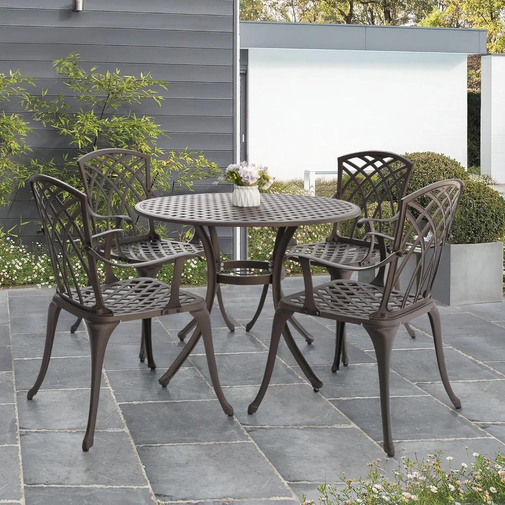 5 Piece Outdoor Patio Dining Set, All-Weather Round Cast Aluminum Dining Table