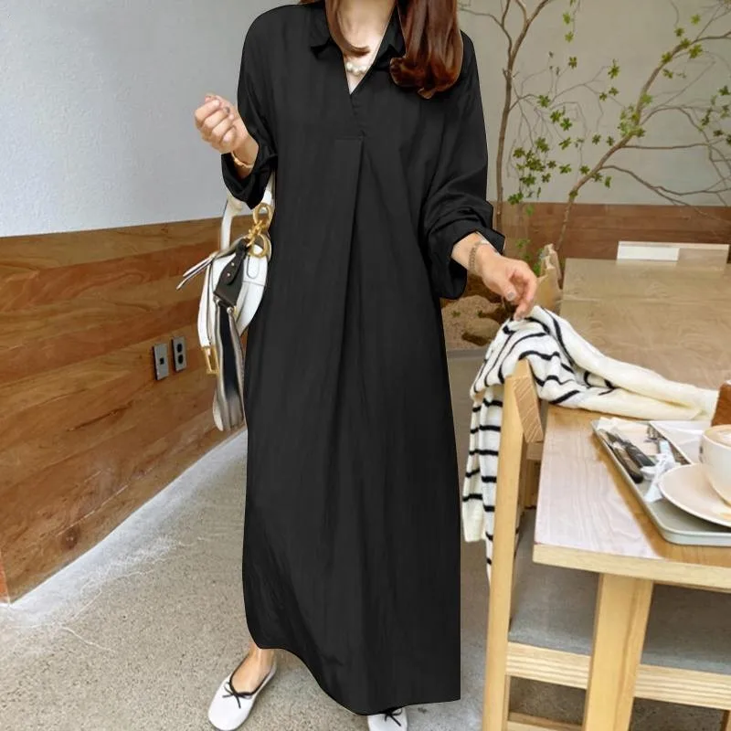 2024 V Neck Maxi Dress New Fsahion Elegant Solid Color Cotton Long Sleeve Fall Spring Temperament Loose Plus Size Female Dress