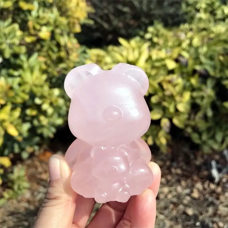 

Natural Rose Quartz Cartoon Bear Carving Craft Gift Feng Shui For Home Decoration Stone Statues 1pcs