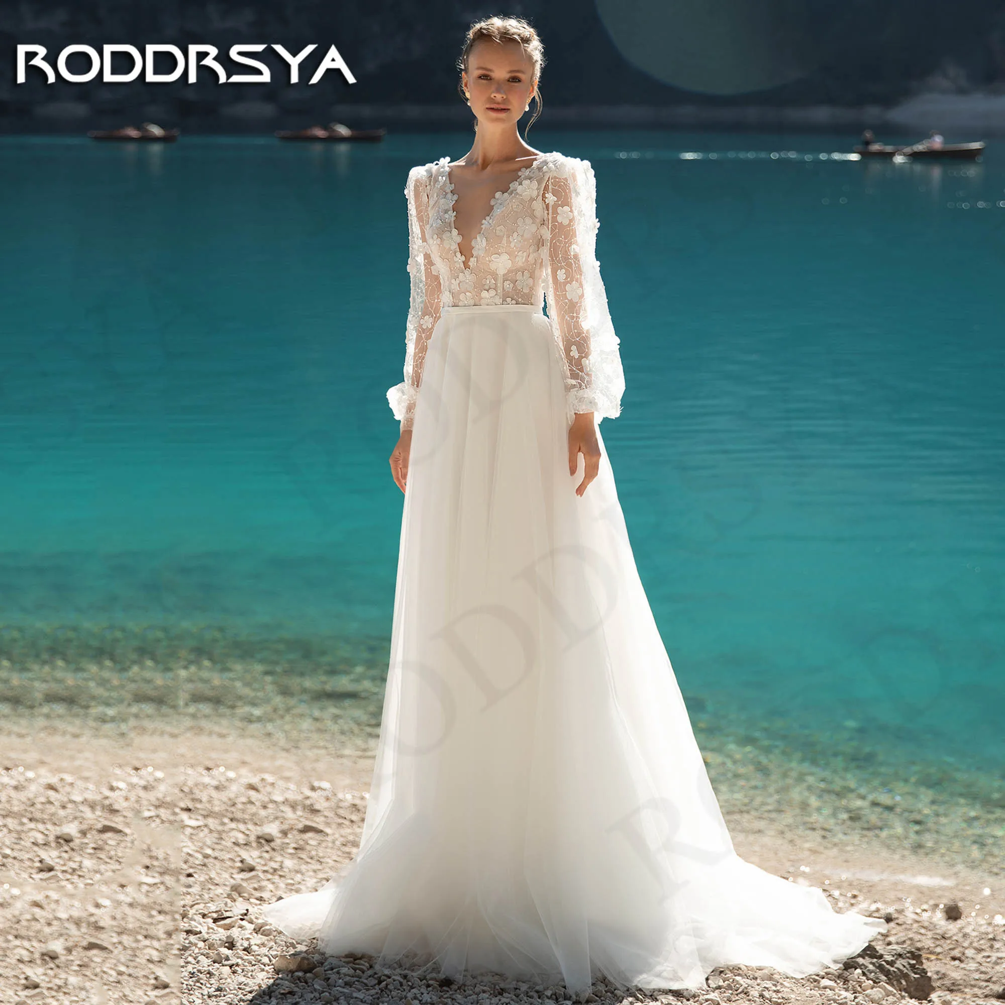 RODDRSYA Boho Lace Puff Dleeves Wedding Dresses 2024 3D Flowers Tulle Backless A Line Bridal Dress vestido de novia boda civil