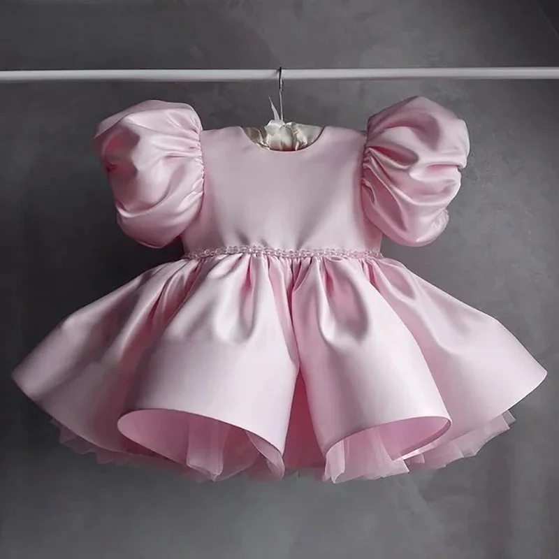 

Custom Luxury Puff Sleeve Satin Flower Girl Dress Wedding Flower Girl Gown Birthday Party Pageant Show Formal Evening Gown