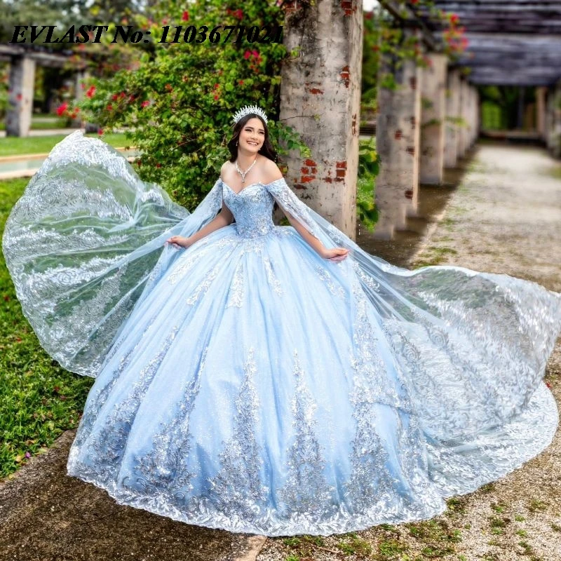 EVLAST Customized Quinceanera Dress Ball Gown 3D Floral Applique Beaded Cape Mexico Corset Sweet 16 Vestidos De XV 15 Anos SQ165