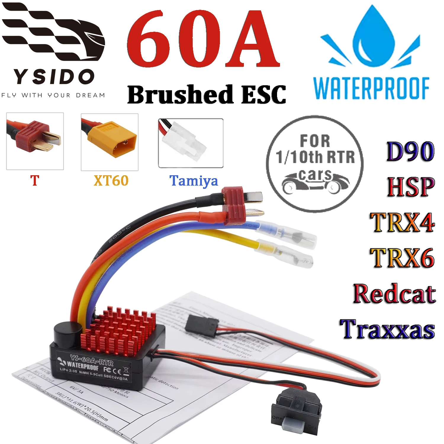

YSIDO 60A Водонепроницаемый регулятор скорости (ESC) с коллекторными моторами WP-1060-RTR BEC 6V/3A 2-3S LiPo для радиоуправляемых машин 1/10, краулеров, грузовиков Traxxas HSP TRX4 TRX6 D90 Redcat