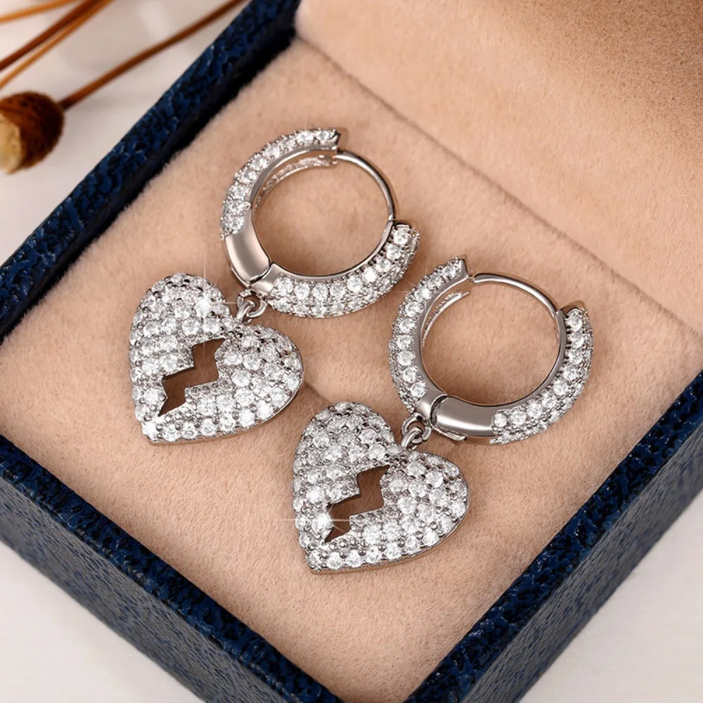Fashion Personality Silver Color Broken Heart Full Inlay 5A Zircon Dangle Earrings for Women Men Hip Hop Streetwear Jewelry Gift