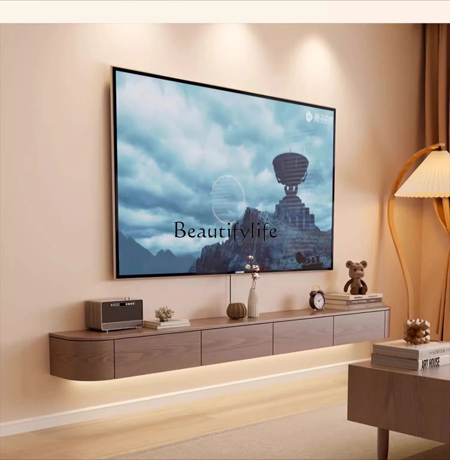 

03.Solid wood suspended rock panel TV cabinet living room household small apartment modern simple storage