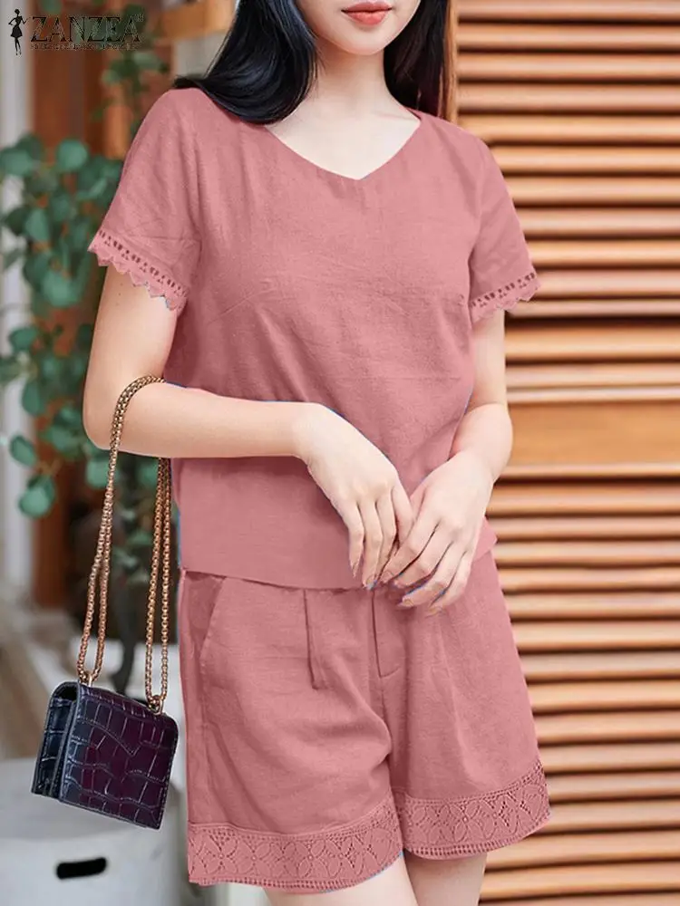 

Женский комплект из 2 предметов, Элегантная блузка с коротким рукавом и V-образным вырезом, летний комплект ZANZEA, кружевные брюки кроше, комплект