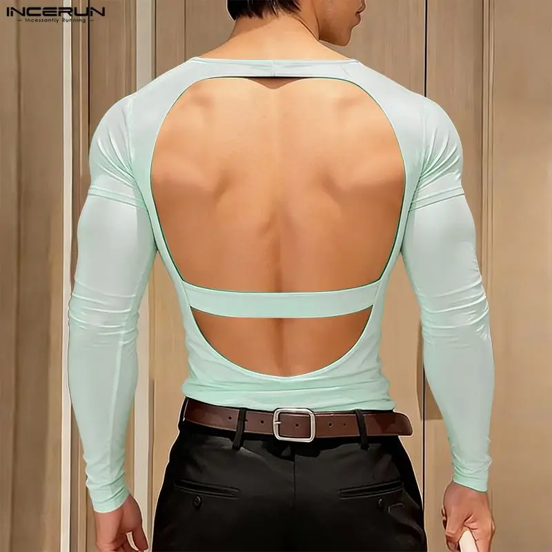 INCERUN Men's T Shirt Solid Mesh See Through Backless Hollow Out Man Tee Tops Long Sleeve Camisetas Sexy Personality Men Clothes