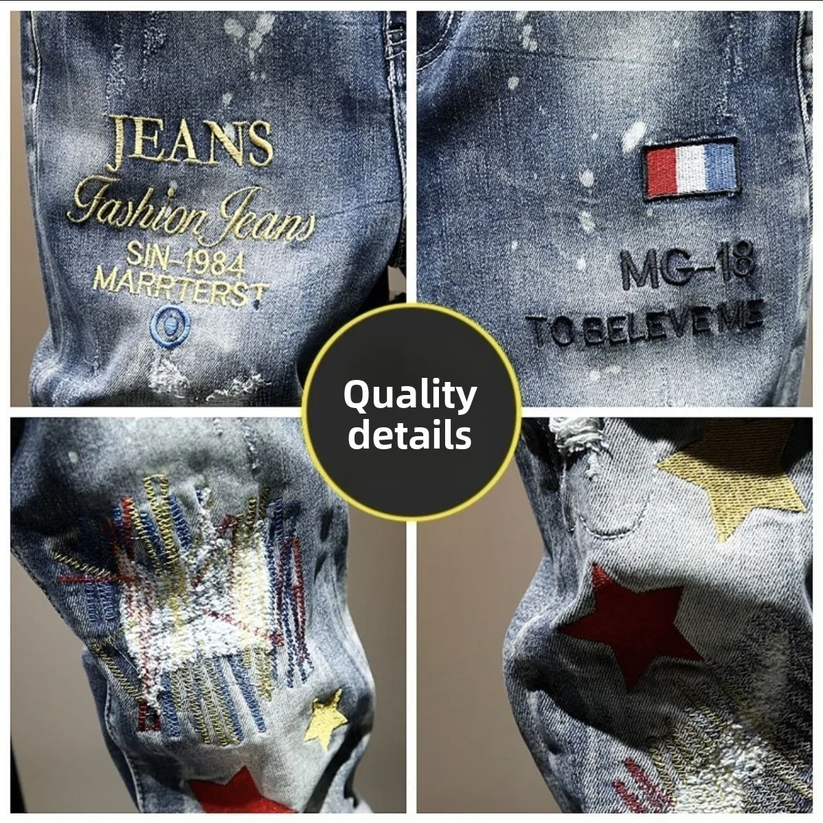 الراقية الصناعة الثقيلة الأمريكية ممزق المطرزة الجينز الرجال 2025 الاتجاه الجديد سليم المناسب أقدام صغيرة مرونة المتسول السراويل